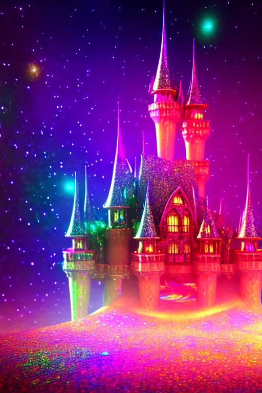 Prompt: iridescent holographic multicolored glitter fantasy castle in space, hyper realistic, ambient lighting, concept art, intricate, hyper detailed, smooth, dynamic volumetric lighting, octane, raytrace, cinematic, high quality, high resolution, 4 k, artstation