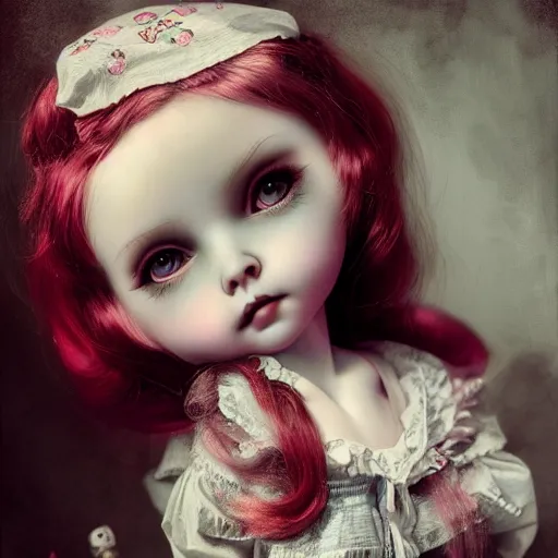 Image similar to cute porcelain doll natalie domer, mark ryden style, vivid colors, high details, cinematic, 8 k resolution, beautiful detailed, photorealistic, digital painting, dark atmosphere, artstation, concept art, smooth, sharp focus, illustration, fantasy background, artstation trending, octane render, unreal engine