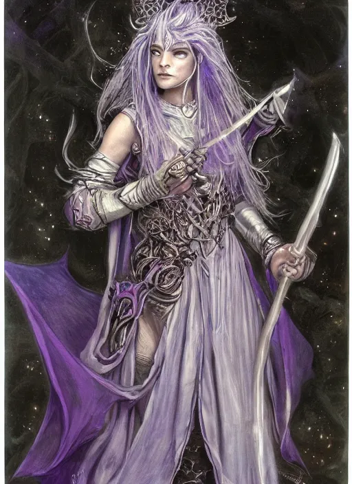 Image similar to portrait of young female prophetess of the endtimes, transluscent skin, silver filigreed armor, lavender hair, beautiful! coherent! dungeons and dragons character, by brian froud, strong line, cool night color, high contrast