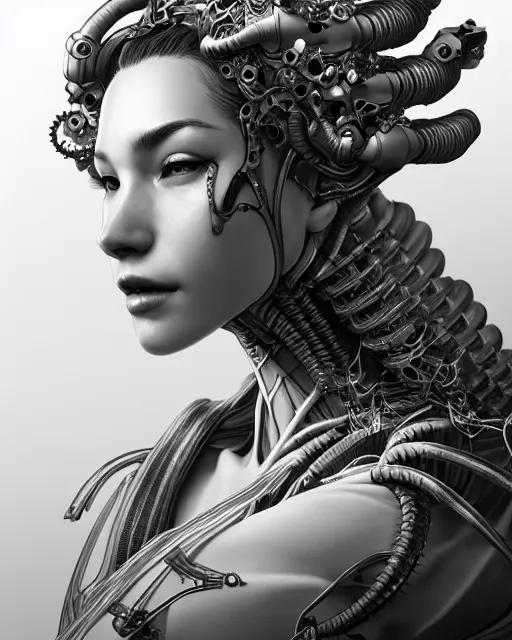 Prompt: portrait of stunning female biomechanical super soldier absurdly beautiful, gorgeous, elegant, an ultrafine hyperdetailed illustration by kim jung gi, irakli nadar, artgerm, intricate linework, octopath traveler, final fantasy, unreal engine 5 highly rendered, global illumination, radiant light