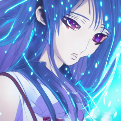 Image similar to key anime visual of a girl with glowing blue eyes; rain falling; close up shot; trending on Pixiv