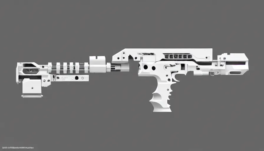 Image similar to extremely detailed ultra realistic side view photo sci fi hyper minimalist magnum pistol coilgun, detailed trigger, chemically propelled, battery, smooth streamline, battery and wires, railgun, chemrail, gauss, elegant sleek smooth body, white paint, smooth utopian design, ultra high quality, octane, cod, destiny, warframe, terminator