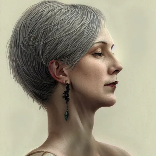 Image similar to portrait of a middle aged artsy woman, short grey hair, tattoo, avangarde, unique, artistic soul, nature, plants, wool, upper body, long hair, intricate, elegant, highly detailed, digital painting, artstation, concept art, matte, sharp focus, illustration, art by artgerm and greg rutkowski and alphonse mucha