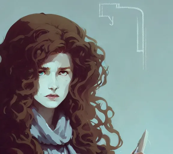 Image similar to portrait woman with long ginger curly hair, cloak with runes, by atey ghailan, by greg rutkowski, by greg tocchini, by james gilleard, by joe fenton, by kaethe butcher, by ashley wood, dynamic lighting, gradient light blue, brown, blonde cream and white color scheme, grunge aesthetic