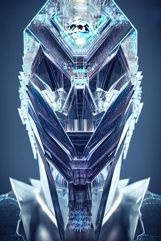 Image similar to hyperrealism, dreamland of chinese, ghost, sharp, slender and densely arranged teeth, futuristic, art deco, expressive, dystopian, cyberpunk, mecha, halfturn portrait of a big crystal face made of crystals half - turn, ominous, intricate, oc rendered, concept art, 4 k, sharp focus