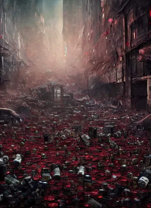 Prompt: chaotic and crazy scene. dystopia city at night, smashed beer bottles, blood - stained red roses, and the crushed roses fell to the ground, 4 k, unreal engine, light effect, by seb mckinnon, artstation