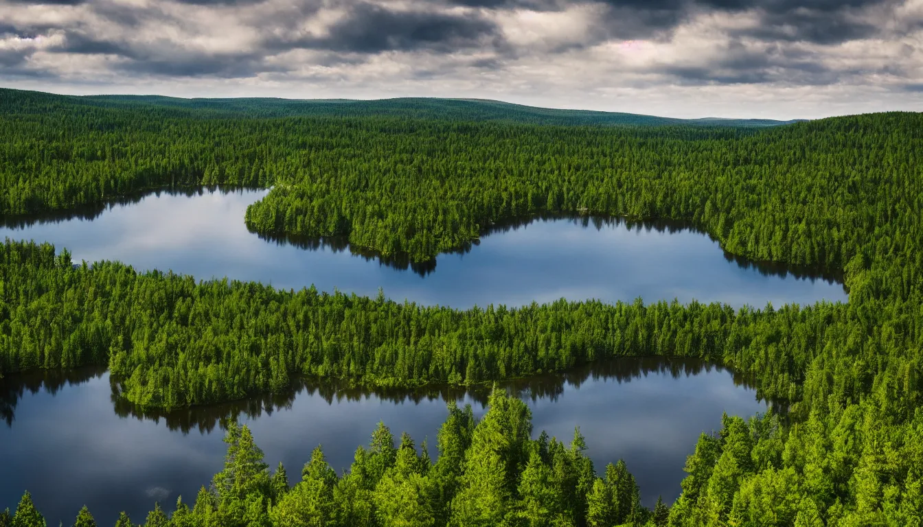 Image similar to eastern european, small lake view from highland, leave less old forest, national park, nature, atmospheric, ambient vibe, very detailed, high resolution, 8 k