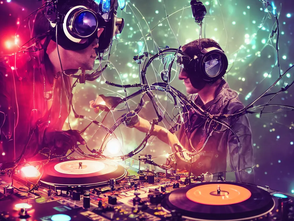 Image similar to a person wearing goggles and visor and headphones using a steampunk record player contraption, wires and tubes, turntablism dj scratching, intricate planetary gears, cinematic, imax, sharp focus, leds, bokeh, iridescent, black light, fog machine, hazy, lasers, hyper color digital art, cyberpunk