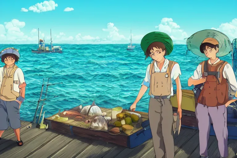 Image similar to cell shaded anime key visual of a group of fisherman trying to sell fish on the docks of a coastal fantasy city in the style of studio ghibli, moebius, makoto shinkai, dramatic lighting