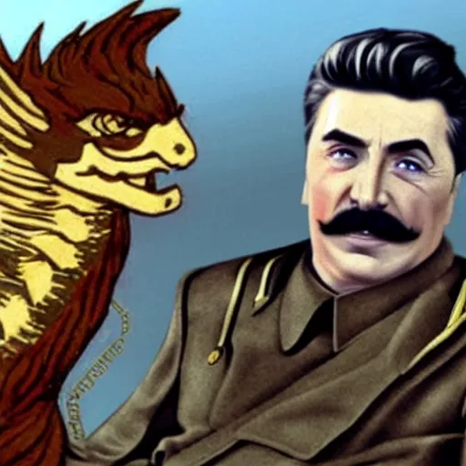 Image similar to Joseph Stalin friendship with dragon from Skyrim,