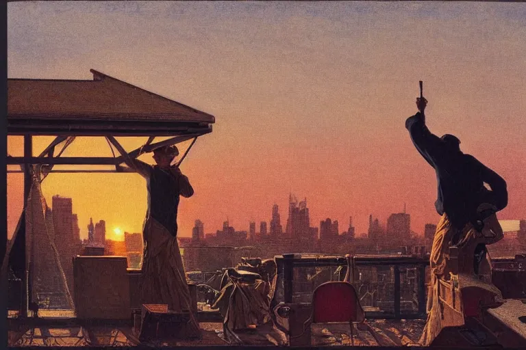 Image similar to painting of a rapper in a rooftop, watching new york, beautiful, sunset, romantic, by ludwig deutsch and maxfield parrish, patterned tilework, extremely detailed, cinematic lighting, smooth sharp focus