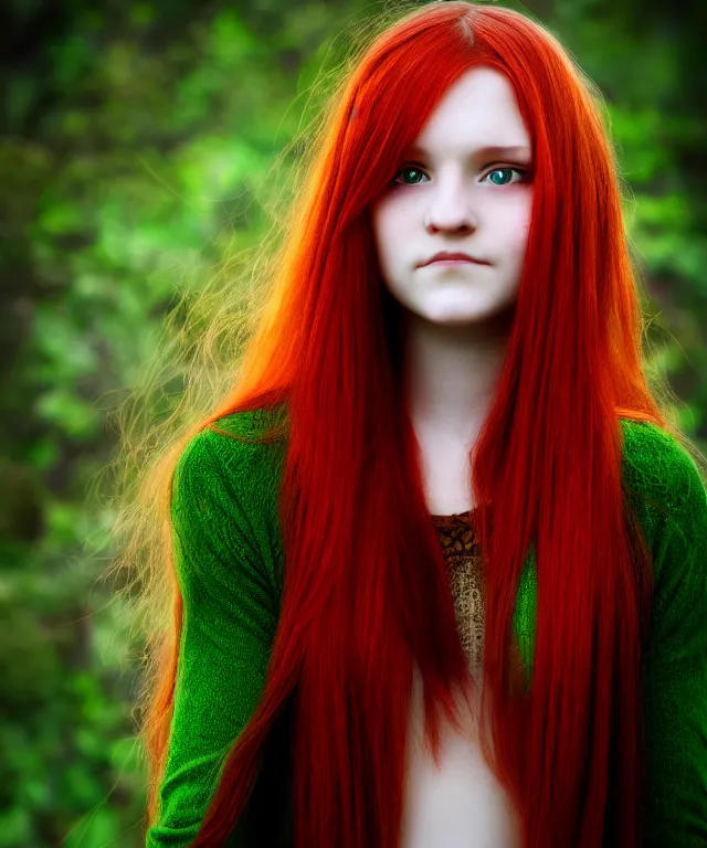 Image similar to Fae teenage girl, portrait, face, long red hair, green highlights