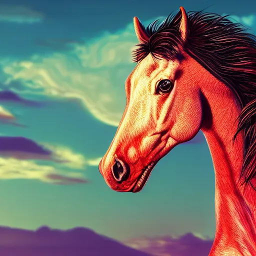 Prompt: digital horse, retrowave palette, highly detailed, anatomically correct equine, synth feel, smooth face, ear floof, flowing mane, no reins, super realism, neigh, accurate animal imagery, 4 k digital art