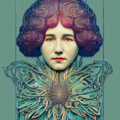 Image similar to a girl with huge shiny silver eyes, colored woodcut, poster art, by Mackintosh, art noveau, by Ernst Haeckel, bright pastel colors, 8k, octane render