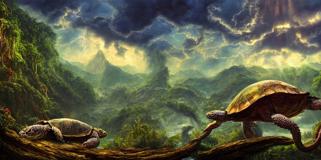 Image similar to fantasy oil painting, great leviathan, turtle cephalopod terrapin reptilian pachyderm amphibian hybrid, rainforest mountains, lush plants flowers, epic natural light, bright clouds, luminous sky, alien spacecraft, outer worlds, bright cinematic key lighting, michael cheval, michael whelan, vray, 8 k hd