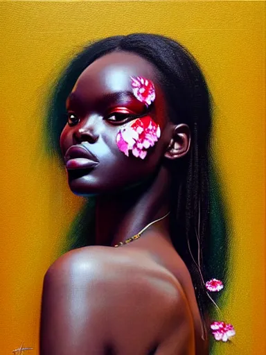 Image similar to portrait of duckie thot with a floral background : : painted by artgerm, karol bak, artur bordalo, sandra chevrier : : portrait, character, illustration, hyperrealism, photorealism