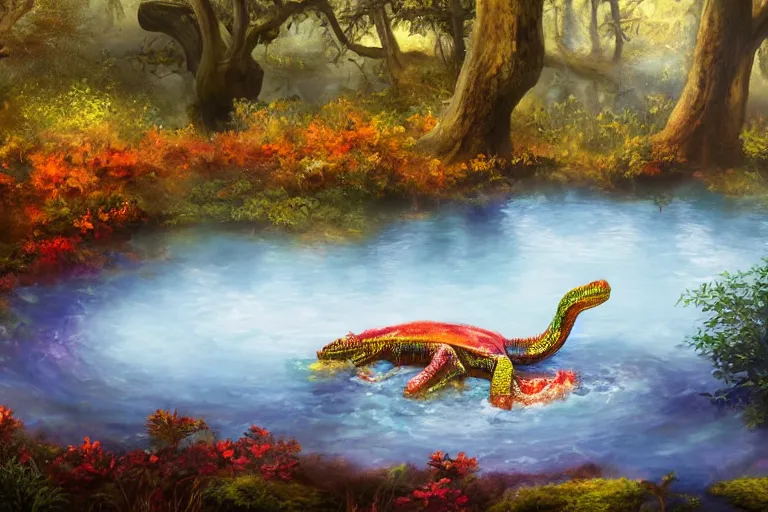 Image similar to highly detailed oil painting of a reptile sitting in a steaming colorful hotspring with woodland forest backdrop, featured on artstation