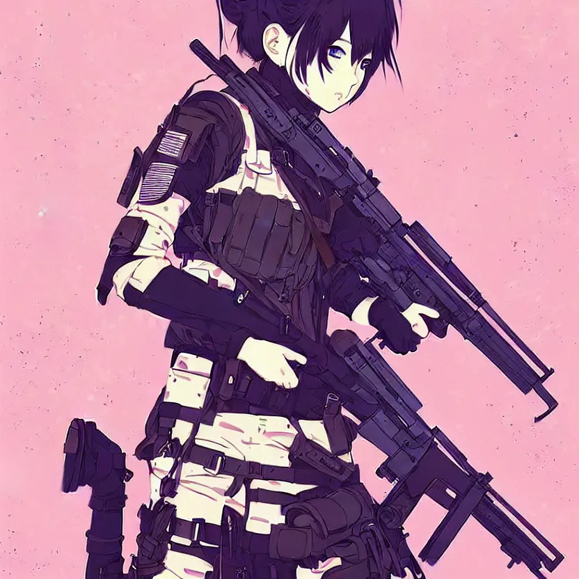 Image similar to girl with tactical gear, very anime!!! anime!! intricate details, aesthetically pleasing pastel colors, poster background, aesthetic details, art by conrad roset and ilya kuvshinov