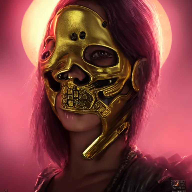 Image similar to cyberpunk female with a gold accented metallic sugar skull mask, concept art by jama jurabaev, cinematic shot, trending on artstation, hybrid from the elden ring and art direction by darius zawadzki ; by artgerm ; wayne reynolds art station ; cinematic quality character render ; low angle ; ultra high quality model ; production quality cinema model