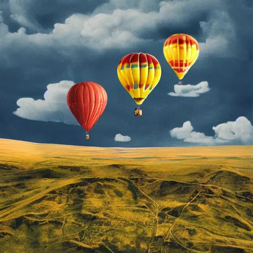 Image similar to smiling hippy, balloon journey, pulp adventure, flying camp, dark moody night sky, fluffy clouds of subtle opacity, cozy cabin, flying high, gradient aperture