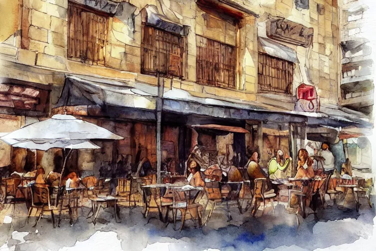 Prompt: a coffee shop watercolor by santiago fuentes trending on artstation