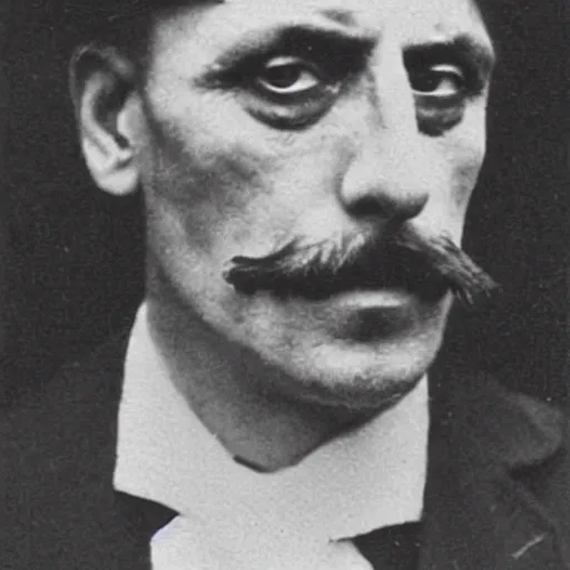 Prompt: headshot edwardian photograph of ian mcshane, arthur shelby, terrifying, scariest looking man alive, 1 8 9 0 s, london gang member, slightly pixelated, angry, intimidating, fearsome, realistic face, peaky blinders, 1 9 0 0 s photography, 1 9 1 0 s, grainy, blurry, very faded