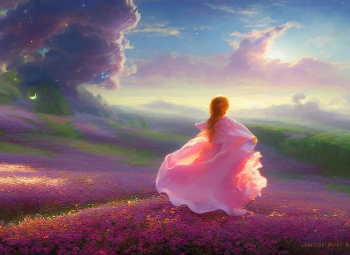 Image similar to a lone princess walks through a vast flower field in the cosmic sky by guweiz and peder mørk mønsted and delphin enjolras and vladimir volegov