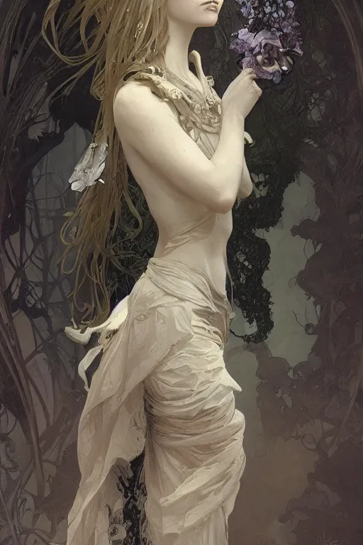 Image similar to beautiful pale gothic maiden, master drawing, intricate, elegant, highly detailed, digital painting, artstation, concept art, smooth, sharp focus, illustration, art alphonse mucha and james gurney and craig mullins and wlop