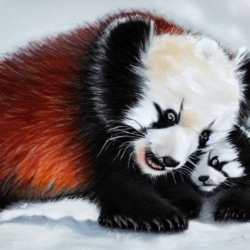 Image similar to animal friends cute fluffy baby red panda and cute fluffy black and white baby panda together with bamboo background, detailed 4k painting in the style of mark brooks