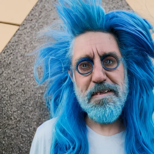 Image similar to portrait photo still of real life rick sanchez from rick and morty, blue hair, wild eyes, scientist outfit, 8 k, 8 5 mm f 1. 8