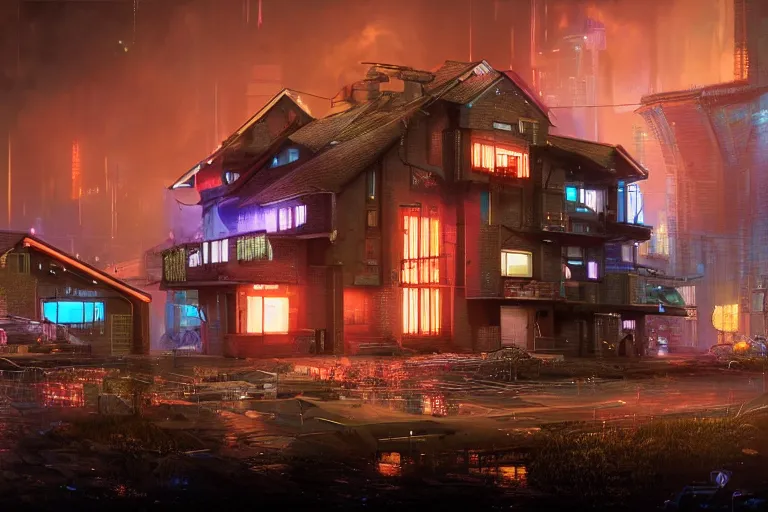 Image similar to cyberpunk, an estate agent listing photo, external view of a 5 bedroom detached house in the UK, it's night time, by Paul Lehr, highly detailed, photorealistic, unreal engine, 8k,