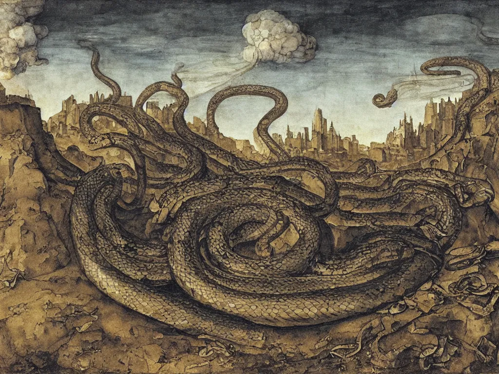 Prompt: Anaconda snake coiled around a large, white cloud, above a deserted, post-apocalyptic city. Painting by Durer.