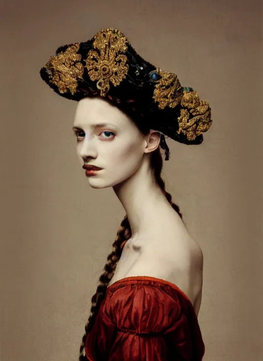 Image similar to portrait of young woman in renaissance dress and renaissance headdress, art by paolo roversi