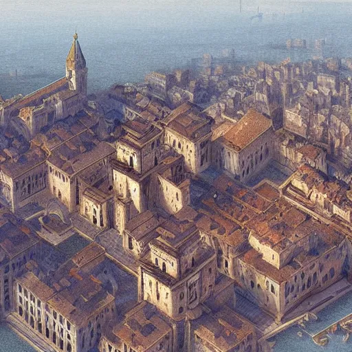 Prompt: Digital art of a large renaissance capital with a citadel, bird's eye view Marc Simonetti Peter Zumthor