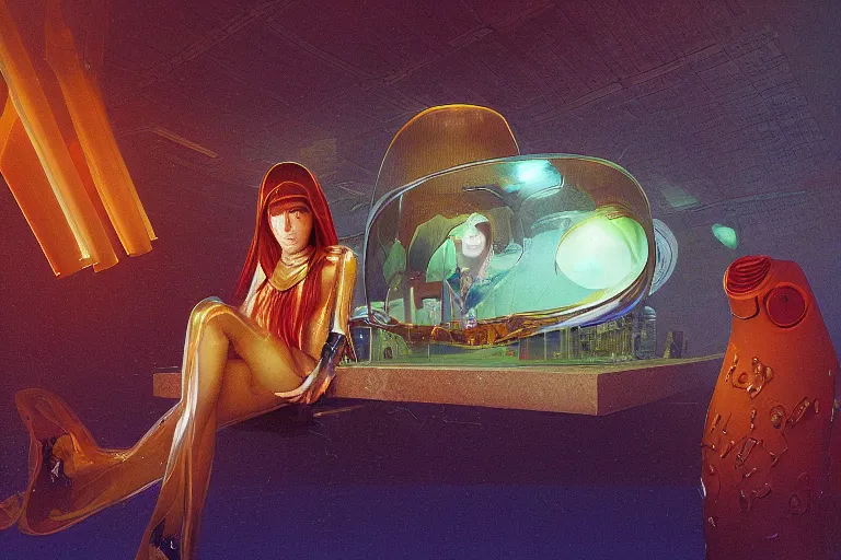 Image similar to high-angle view of a Ukrainian lush female jellyfish human hybrid wearing vacuum tube amp roman armor and transparent amber neck guard with transparent digital number readout floating in front of face, sitting inside of an submerged 1970s bungalow cabin with sunken floor and infinity mirror table, submersible vessel seamlessly rising through floor, soviet computer console on wall, ektachrome color photograph, volumetric lighting, off-camera flash, 24mm f8 aperture