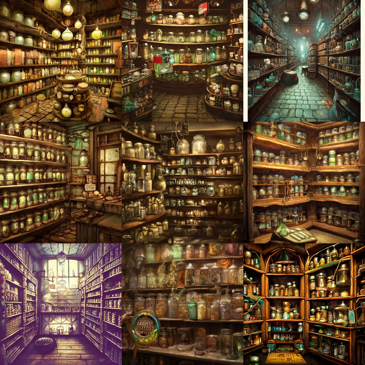 Prompt: Inside an old magical shop, large jars on shelves, beautiful labels, fantasy vendor interior, wide angle, arkham horror, lovecraft illustration, cinematic, highly detailed, photorealistic, rich bright colors, trending on artstation, trending on cgsociety