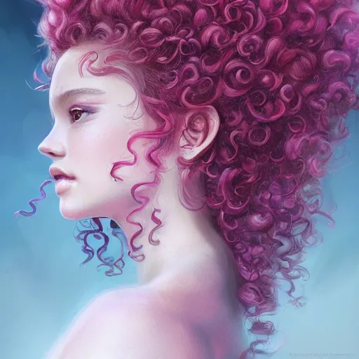 Prompt: teen girl, curly pink hair, gorgeous, amazing, elegant, intricate, highly detailed, digital painting, artstation, concept art, sharp focus, illustration, art by Ross tran