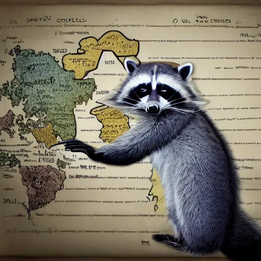 Image similar to an evil moustached raccoon smoking a cigar, gazing over a world map upon which his plans for world domination are drawn out