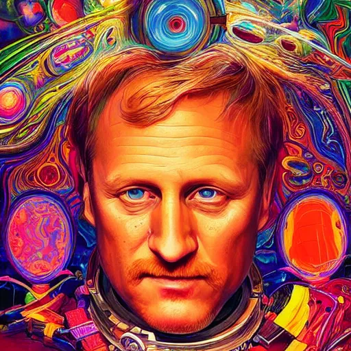 Prompt: Woody Harelson an extremely psychedelic experience, colorful, surreal, dramatic lighting, cosmonaut, LSD, face, detailed, intricate, elegant, highly detailed, digital painting, artstation, concept art, smooth, sharp focus, illustration, art by Sam Spratt, Dan Mumford, Artem Demura and Alphonse Mucha