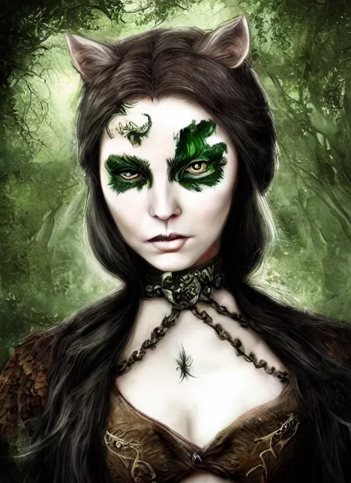 Image similar to medieval female warrior, green eyes, dark forbidden forest, wolves, white cat, in the style of Lecouffe-Deharme and Natalie Shau