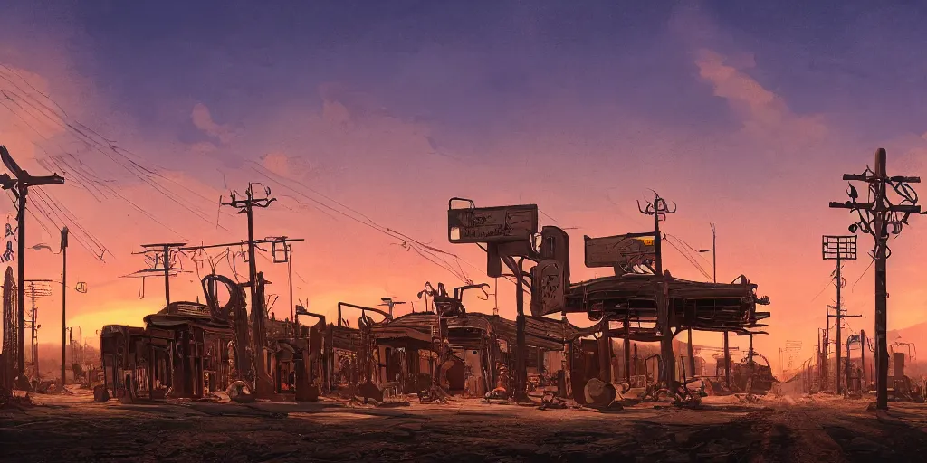 Prompt: train station roadside old west saloon cyber punk post apocalyptic telephone poles cactus graveyard sunset sky clouds illustration by syd mead artstation 4 k 8 k graphic novel concept art matte painting unreal engine ue 5