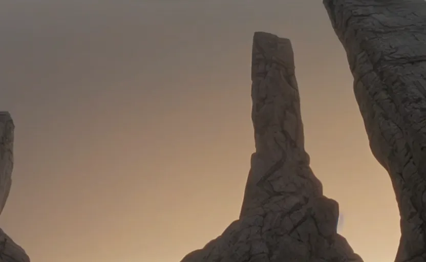 Image similar to screenshot of low angle wide shot of ancient Jedi sculpture looming in the sky outside the foggy Jedi Temple scene from The Force Awakens, 1970s film by Stanley Kubrick, serene, iconic scene, hazy, stunning cinematography, hyper-detailed, sharp, anamorphic lenses, kodak color film, 4k