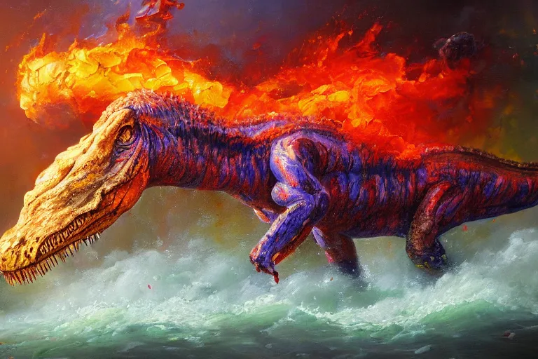 Image similar to highly detailed oil painting of a tyrannosaurus rex in a steaming colorful hotspring stream, featured on artstation