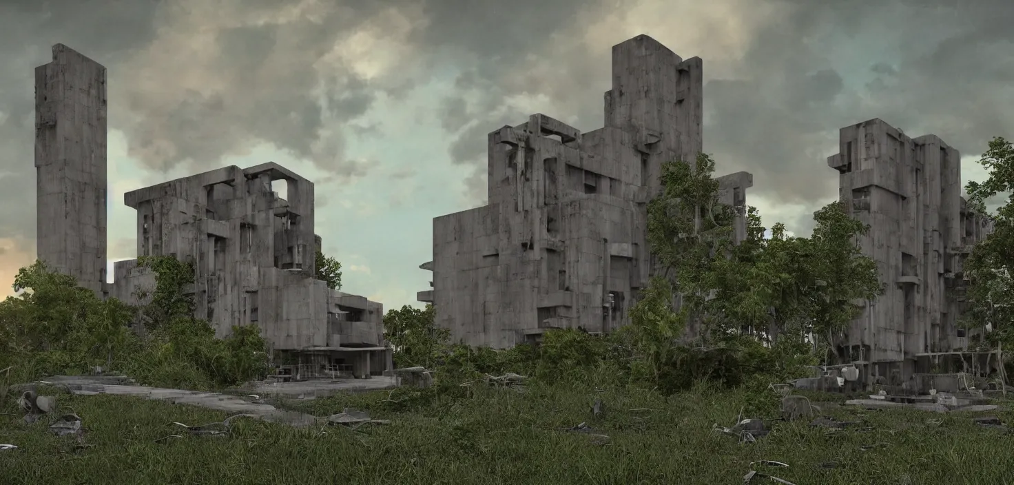 Image similar to an extremely detailed cathedral of brutalist architecture by Le Corbusier, surrounded by lush green vegetation, stunning volumetric lighting, sunset, rusted metal, concrete, translucent material, stunning skies, scattered rubbish and debris, 8k, photorealistic, hyper detailed, unreal engine 5, IMAX quality, cinematic, epic lighting, digital painting in the style of DOOM and Quake, by Greg Rutkowski, trending on Artstation