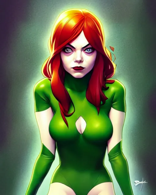 Prompt: phil noto comicbook cover art, artgerm, emma stone poison ivy, vines, symmetrical eyes, full body, city rooftop