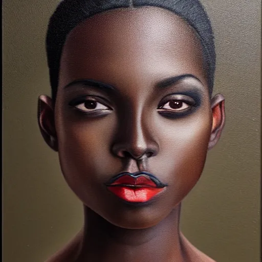 Image similar to A portrait of a thin trendy and gorgeous non-binary person, dark black skin tone, oil painting, majestic, detailed, high resolution