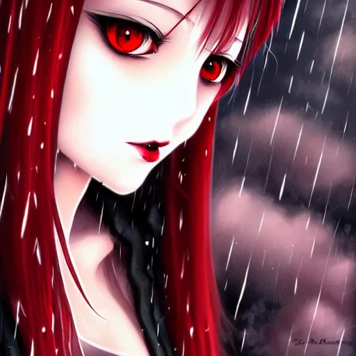 Image similar to beautiful seductive female vampire, in the rain, highly detailed, painting, dark red and black color palette, intricate, high quality anime artstyle, in the style of sana takeda