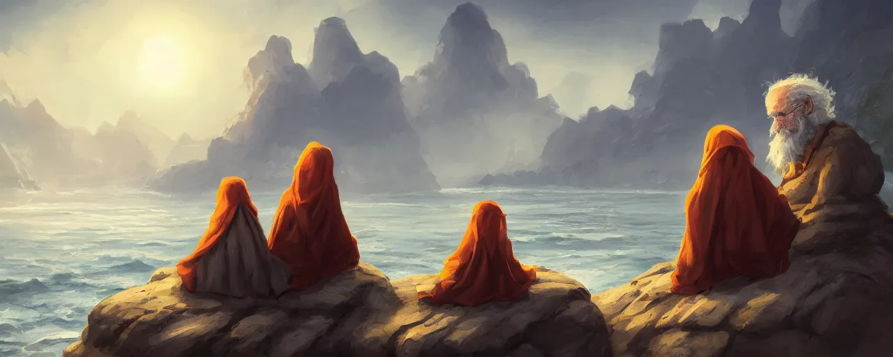 Prompt: an old wise man wearing a cloak and his daughter sitting on a rock at the beach, magical atmosphere, magical atmosphere, trending on artstation, 30mm, by Noah Bradley trending on ArtStation, deviantart, high detail, stylized portrait