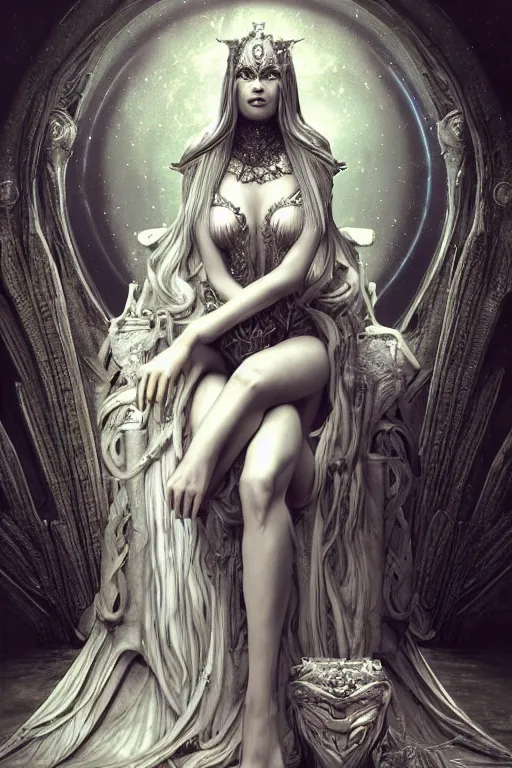 Image similar to Full Body View, Beautiful Face, The Fantasy Goddess Eris, on her Throne, by NIXEU, by HR Giger, by WLOP, by Attila Adorjany