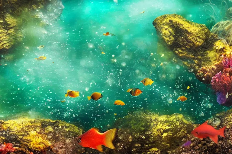 Image similar to ultra realistic underwater photography, panoramic picture of a river with a big number of large, brightly colourful fish. lots of bubbles, little seaweed and some rocks. gloomy scattered light entering from the water surface, artstation, 8 k